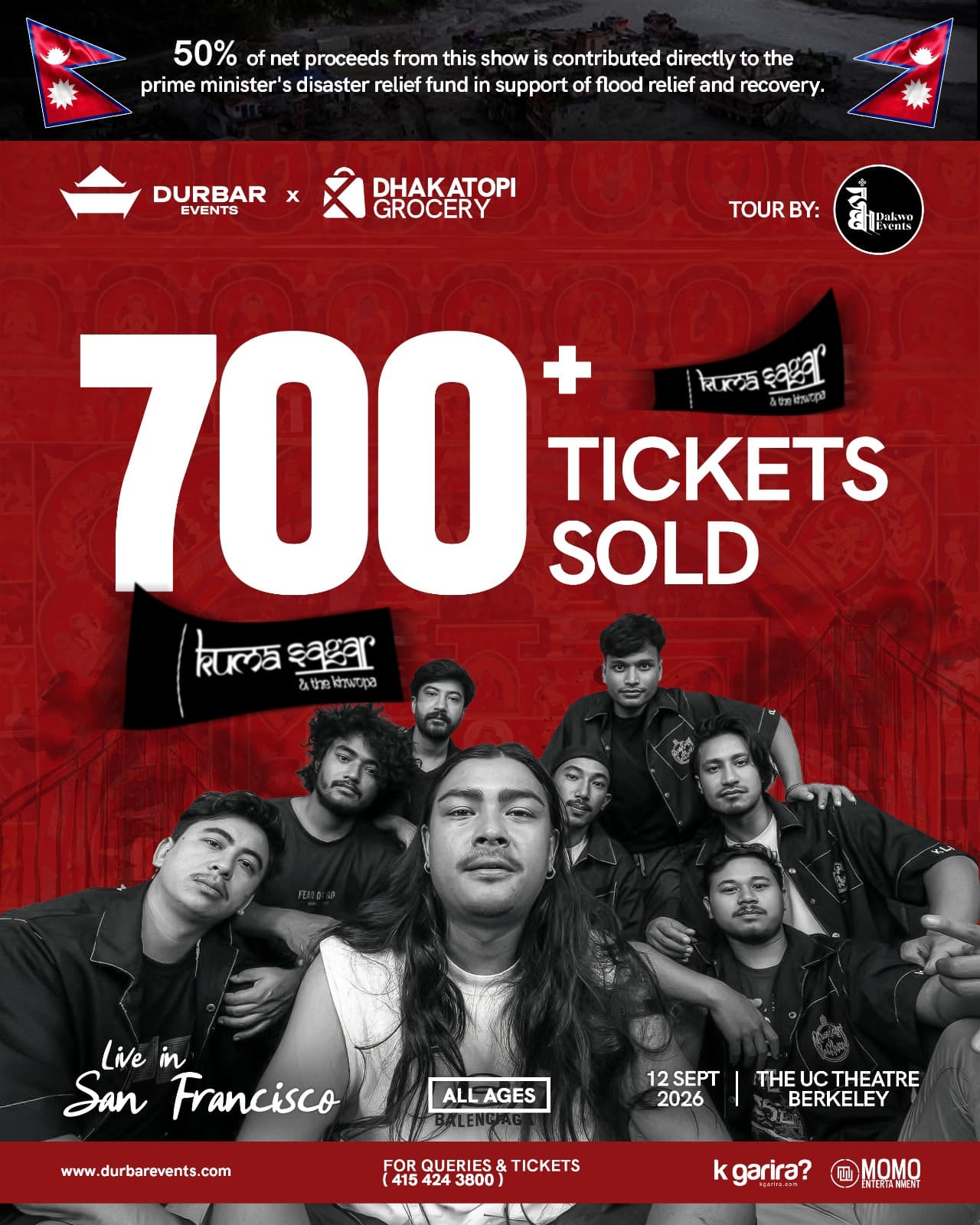 Kuma Sagar & The Khwopa — Live in San Francisco. Over 700 tickets sold. 12 SEPT 2026 at THE UC THEATRE, BERKELEY. All ages. 50% of net proceeds go to the Prime Minister's disaster relief fund for flood relief and recovery.
